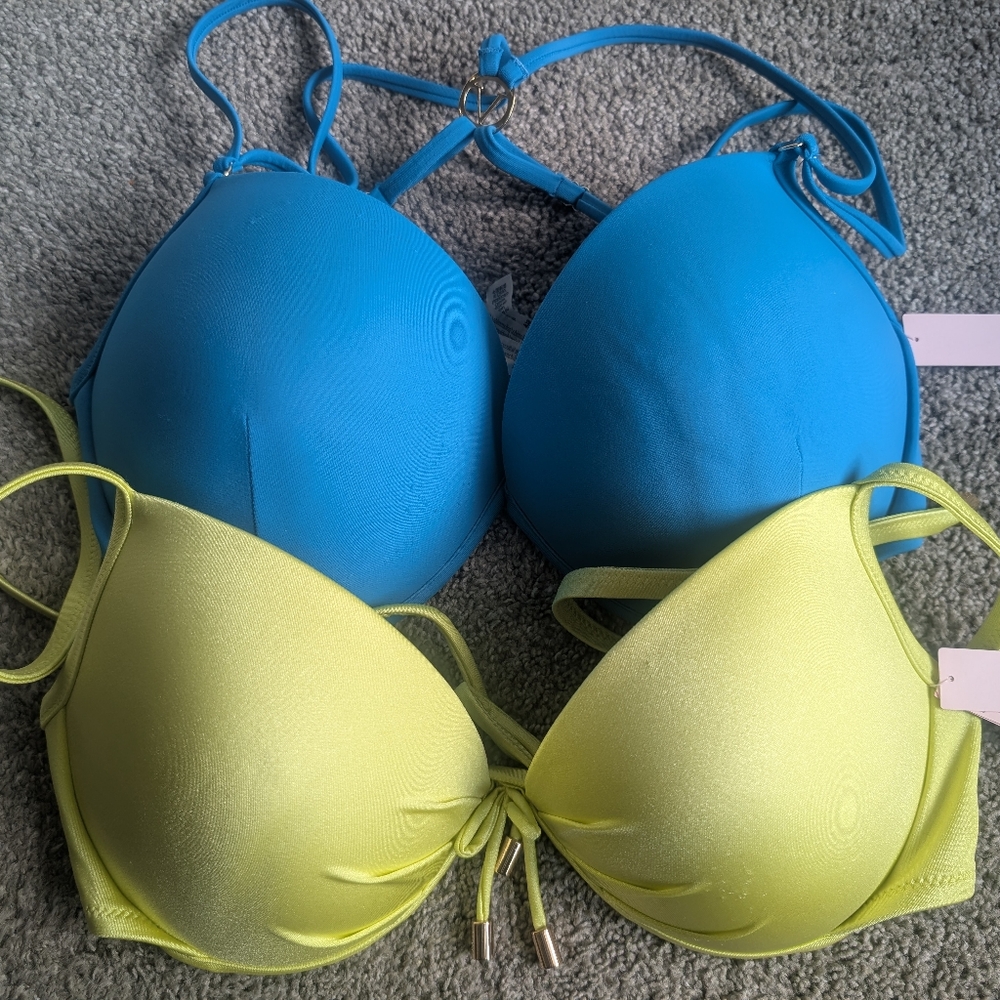 LAST CHANCE NWT Victoria's Secret Two Blue and Lime Bikini Tops Size 34DDD